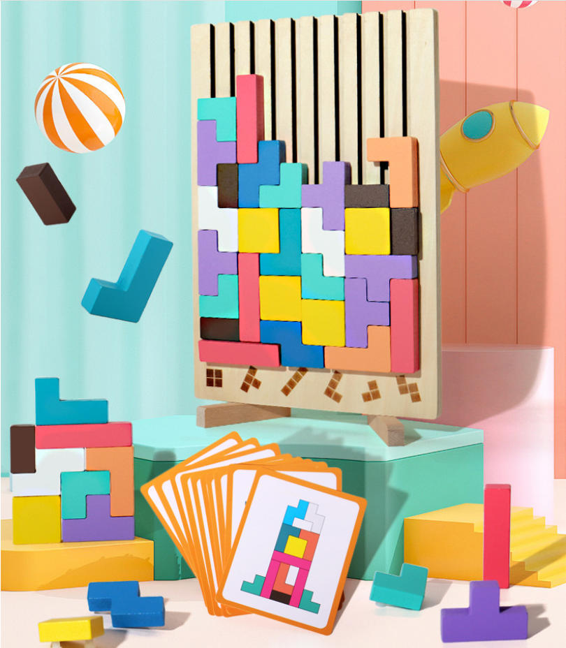 Holzpuzzle für Kinder – 3D Stapelspiel mit 10 Motivkarten, bunte Holzbausteine mit Halterung zum Lernen und Spielen