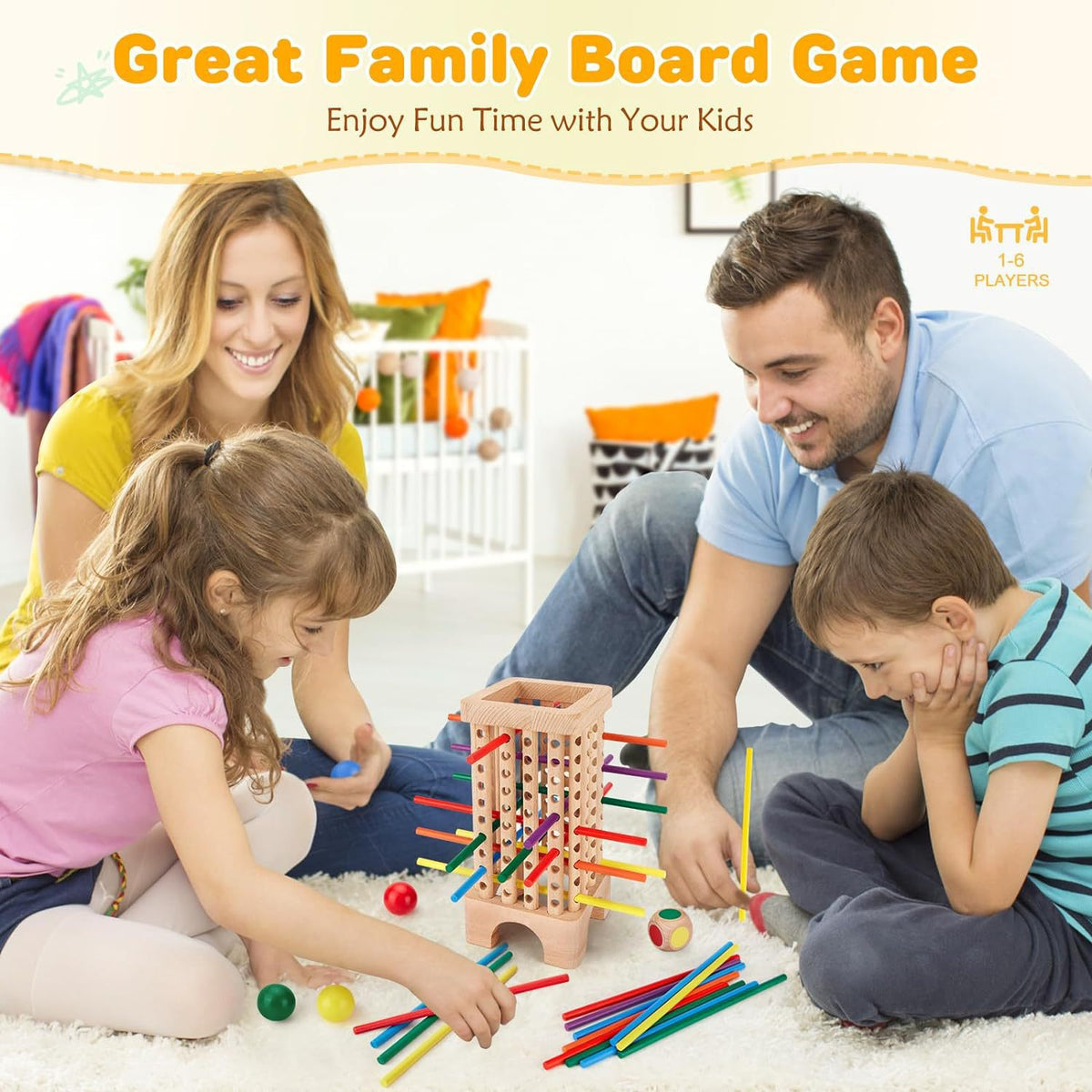 Montessori Holzspiel – Würfel- & Familienspiel mit 42 Holzstäbchen, Feinmotorik Spiel für Kinder ab 3 Jahren (1–6 Spieler)