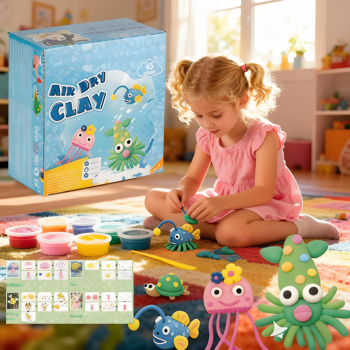 45 Farben Lufttrocknende Modelliermasse für Kinder – Magische Knete Set mit Werkzeugen & Anleitung, Sicheres Bastelspielzeug - Spileo