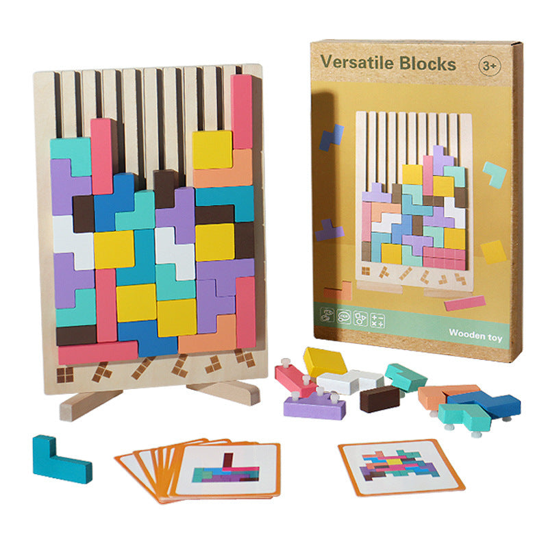 Holzpuzzle für Kinder – 3D Stapelspiel mit 10 Motivkarten, bunte Holzbausteine mit Halterung zum Lernen und Spielen