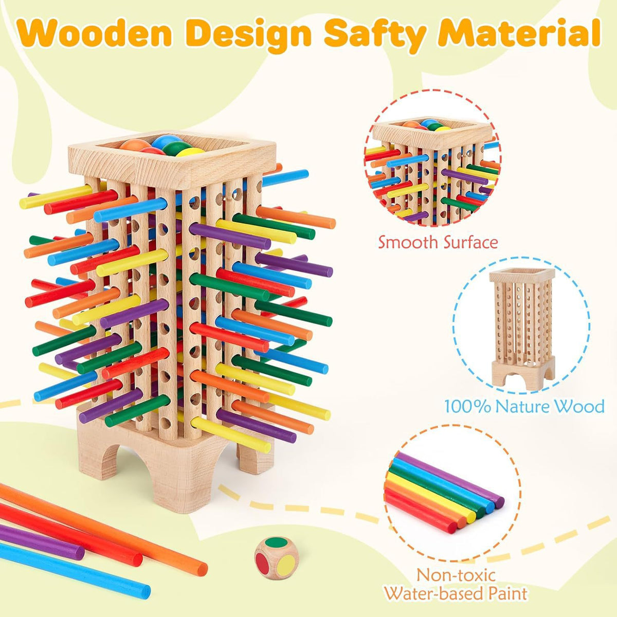 Montessori Holzspiel – Würfel- & Familienspiel mit 42 Holzstäbchen, Feinmotorik Spiel für Kinder ab 3 Jahren (1–6 Spieler)