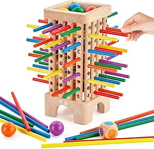 Montessori Holzspiel – Würfel- & Familienspiel mit 42 Holzstäbchen, Feinmotorik Spiel für Kinder ab 3 Jahren (1–6 Spieler)