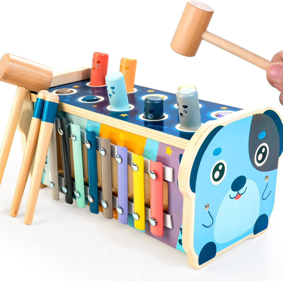 Montessori Pounding Toy für 1-3 Jahre – Holzhammer-Activity Board mit Xylophon, Zahlenlabyrinth und Schlagbank, Bildungs-Spielzeug für Kleinkinder