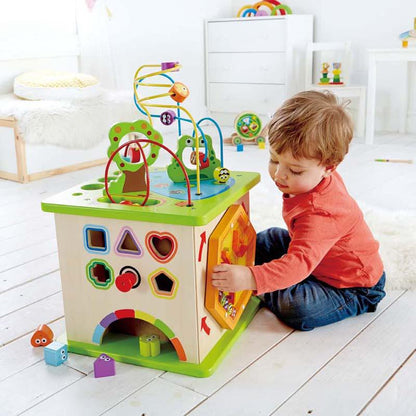 Holz Motorikwürfel Fünfseitig, Montessori Lernspielzeug ab 1 Jahr, Multifunktions Busy Board, fördert Feinmotorik, robust, ideal 1. Geburtstagsgeschenk