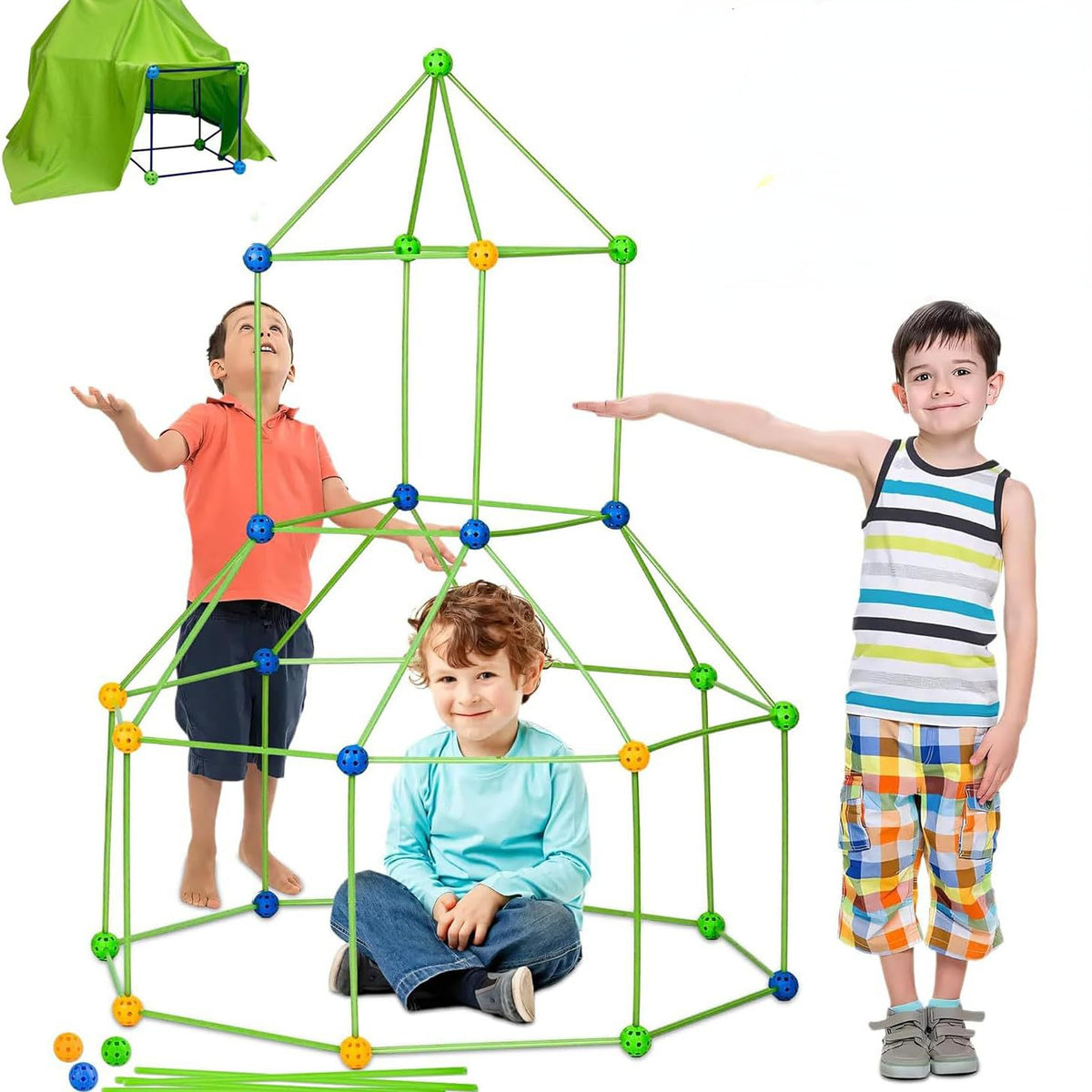 Kreatives Montessori Fort Bauset für Kinder – 130 Teile, Leuchtende Stäbe & Kugeln