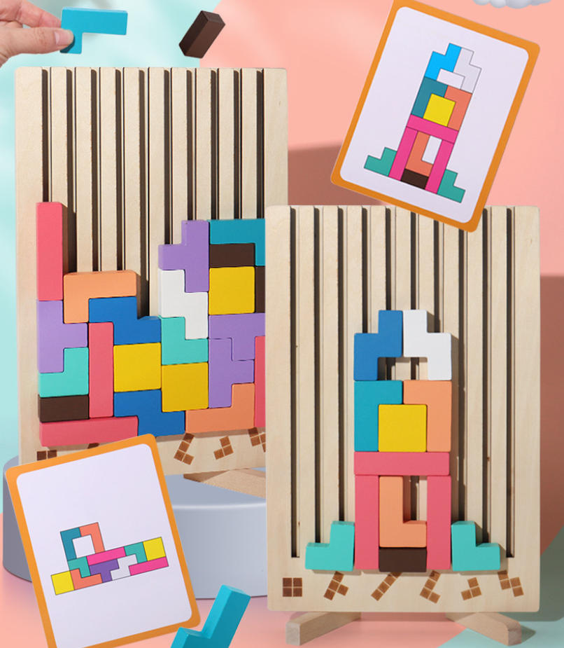 Holzpuzzle für Kinder – 3D Stapelspiel mit 10 Motivkarten, bunte Holzbausteine mit Halterung zum Lernen und Spielen